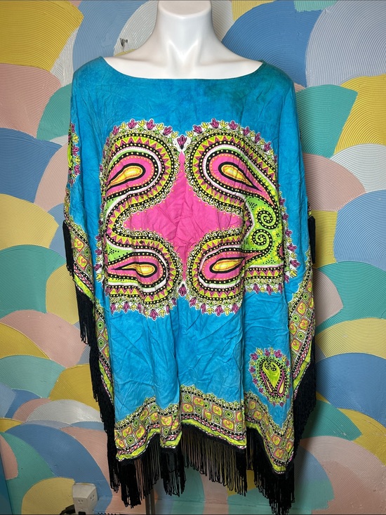 Original Accessories - Original 100% Rayon Vibrant Turquoise & Pink Paisley Fringe Poncho
